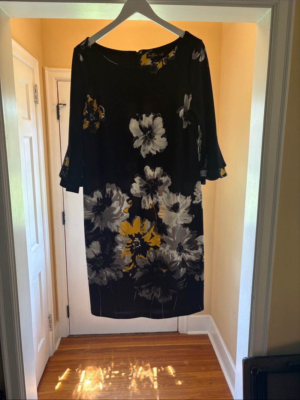 Black Floral Midi Dress with Yellow & Gray Blooms